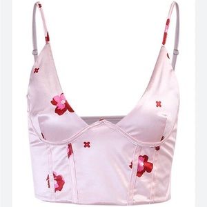 Pink Floral Satin Cropped Corset Women’s Tank Top with Adjustable Straps, Size S